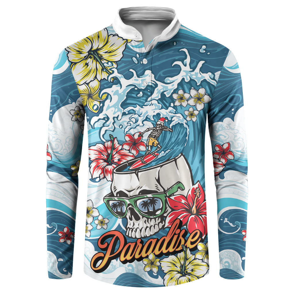 Hawaii Santa Skeleton Surfing Personalized Button Sweatshirt Mele Kalikimaka i Iulai!