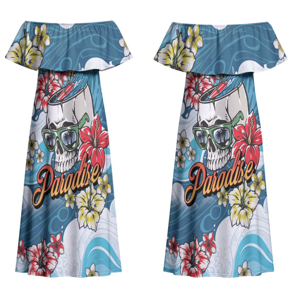 Hawaii Santa Skeleton Surfing Personalized Couples Matching Off Shoulder Maxi Dress and Hawaiian Shirt Mele Kalikimaka i Iulai! LT9 - Polynesian Pride