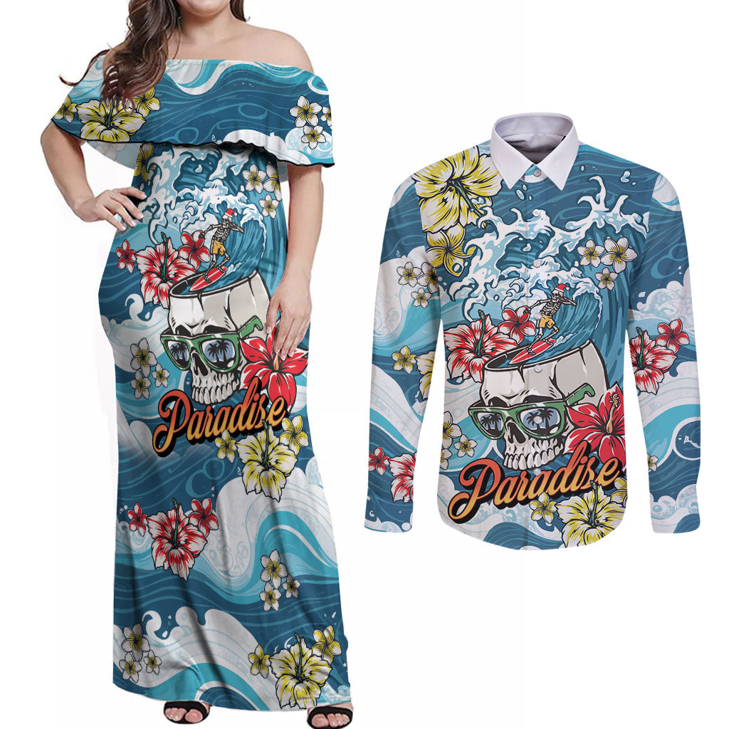 Hawaii Santa Skeleton Surfing Personalized Couples Matching Off Shoulder Maxi Dress and Long Sleeve Button Shirt Mele Kalikimaka i Iulai!