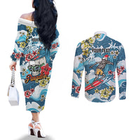 Hawaii Santa Skeleton Surfing Personalized Couples Matching Off The Shoulder Long Sleeve Dress and Long Sleeve Button Shirt Mele Kalikimaka i Iulai!