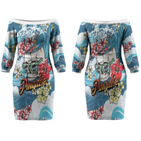 Hawaii Santa Skeleton Surfing Personalized Couples Matching Off The Shoulder Long Sleeve Dress and Long Sleeve Button Shirt Mele Kalikimaka i Iulai! LT9 - Polynesian Pride