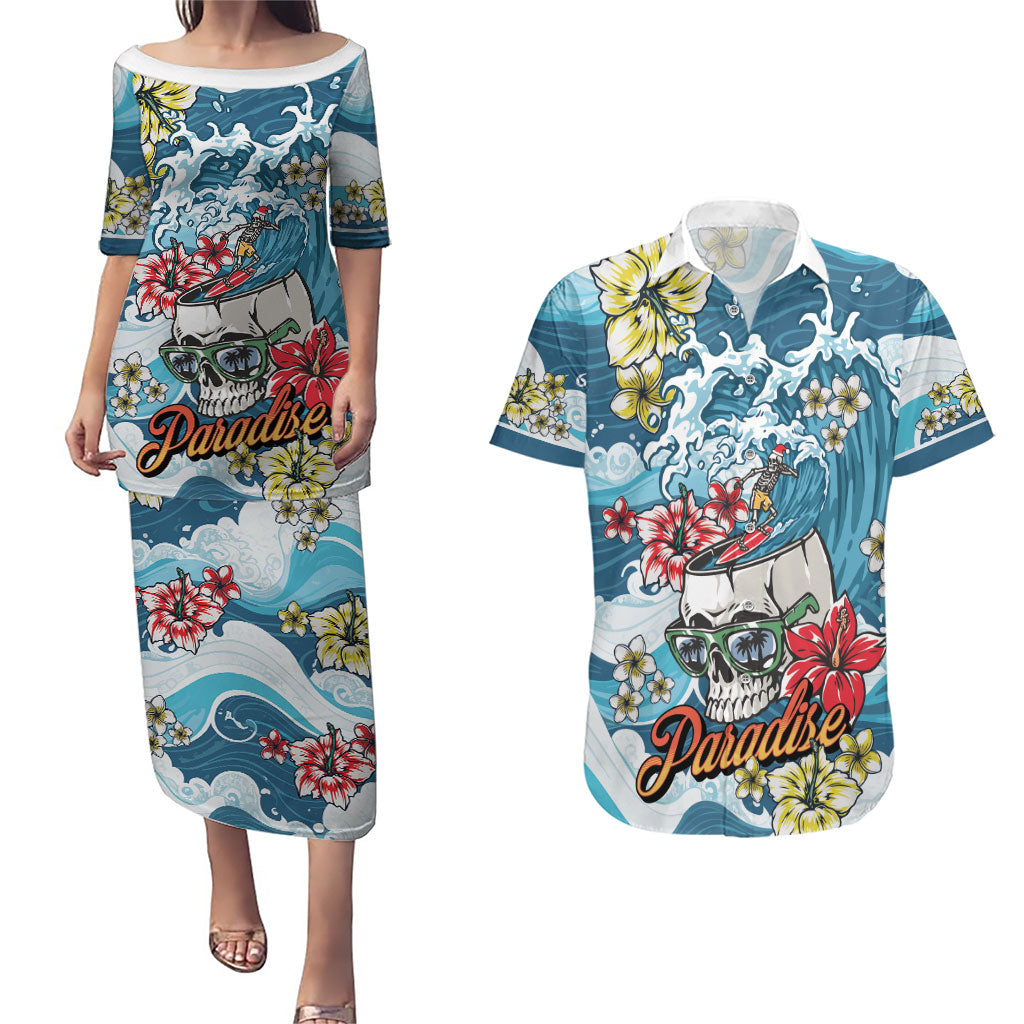 Hawaii Santa Skeleton Surfing Personalized Couples Matching Puletasi and Hawaiian Shirt Mele Kalikimaka i Iulai!