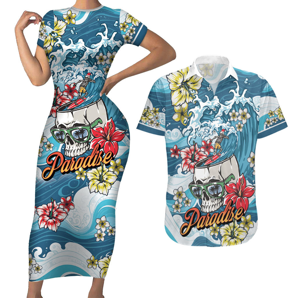 Hawaii Santa Skeleton Surfing Personalized Couples Matching Short Sleeve Bodycon Dress and Hawaiian Shirt Mele Kalikimaka i Iulai!