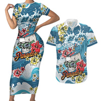 Hawaii Santa Skeleton Surfing Personalized Couples Matching Short Sleeve Bodycon Dress and Hawaiian Shirt Mele Kalikimaka i Iulai!