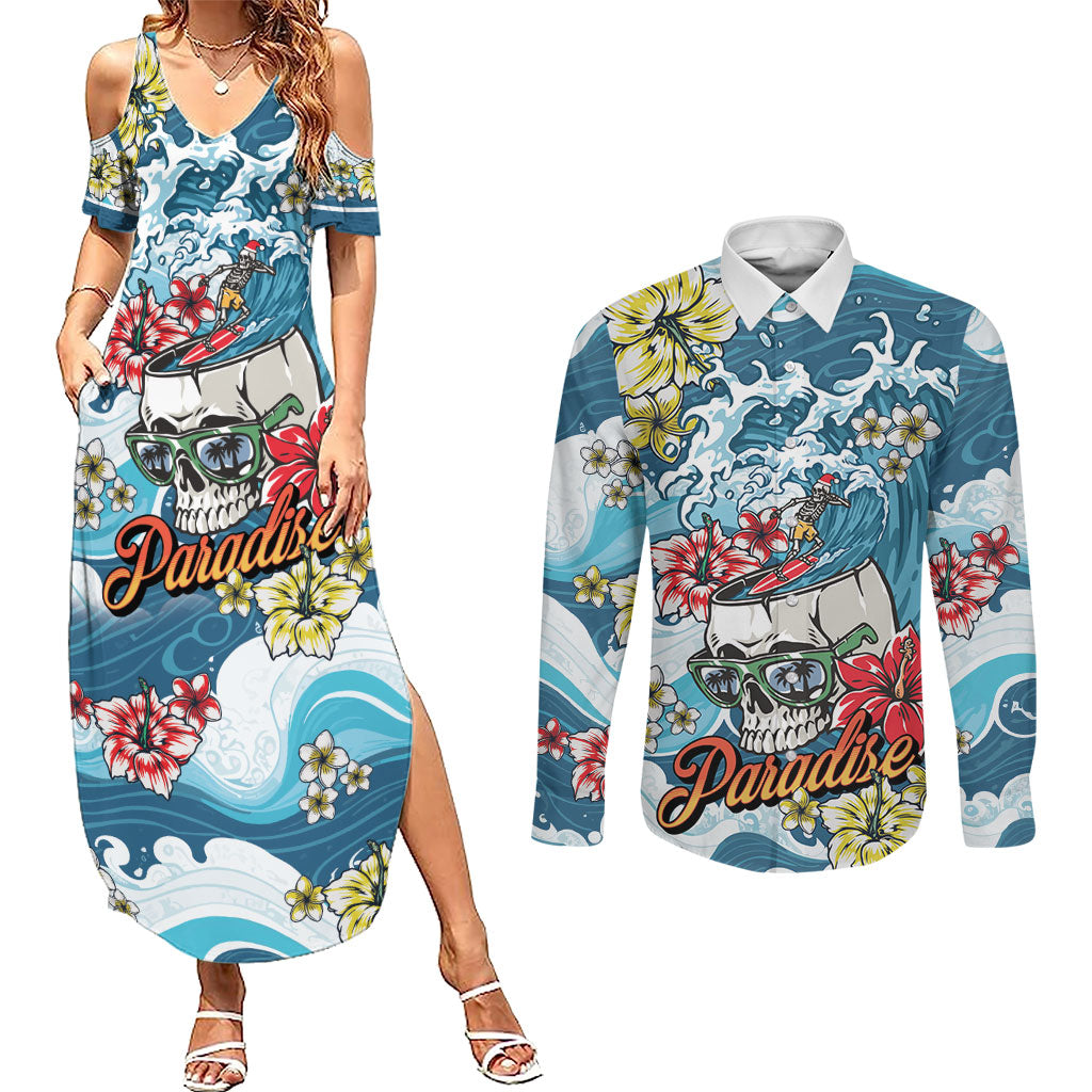 Hawaii Santa Skeleton Surfing Personalized Couples Matching Summer Maxi Dress and Long Sleeve Button Shirt Mele Kalikimaka i Iulai!