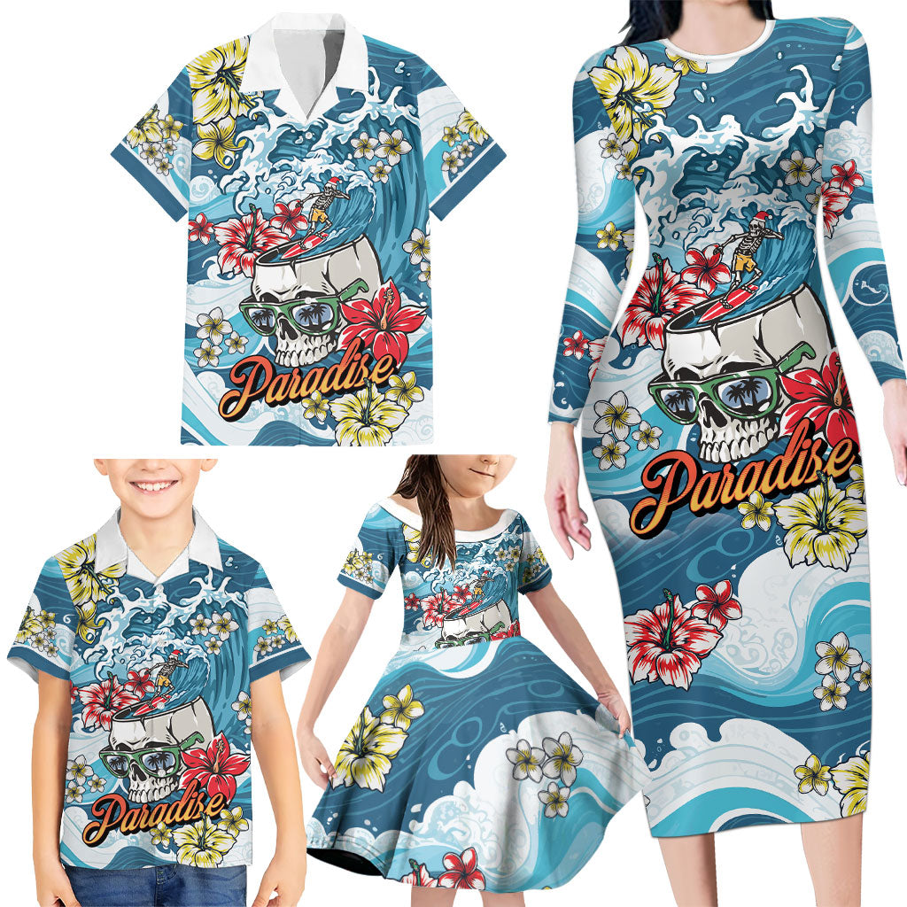 Hawaii Santa Skeleton Surfing Personalized Family Matching Long Sleeve Bodycon Dress and Hawaiian Shirt Mele Kalikimaka i Iulai! LT9 - Polynesian Pride