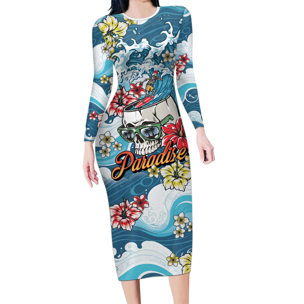 Hawaii Santa Skeleton Surfing Personalized Family Matching Long Sleeve Bodycon Dress and Hawaiian Shirt Mele Kalikimaka i Iulai! LT9 Mom's Dress Blue - Polynesian Pride