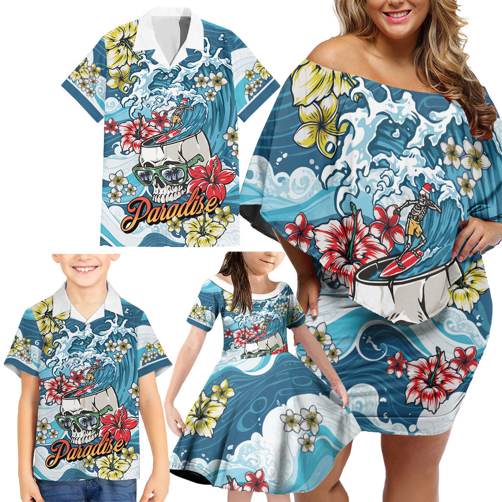 Hawaii Santa Skeleton Surfing Personalized Family Matching Off Shoulder Short Dress and Hawaiian Shirt Mele Kalikimaka i Iulai! LT9 - Polynesian Pride