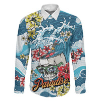 Hawaii Santa Skeleton Surfing Personalized Family Matching Off Shoulder Short Dress and Hawaiian Shirt Mele Kalikimaka i Iulai! LT9 Dad's Shirt - Long Sleeve Blue - Polynesian Pride