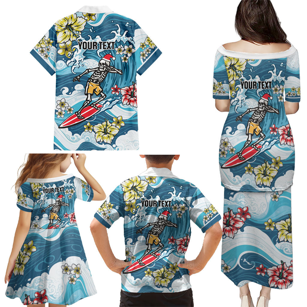 Hawaii Santa Skeleton Surfing Personalized Family Matching Puletasi and Hawaiian Shirt Mele Kalikimaka i Iulai!