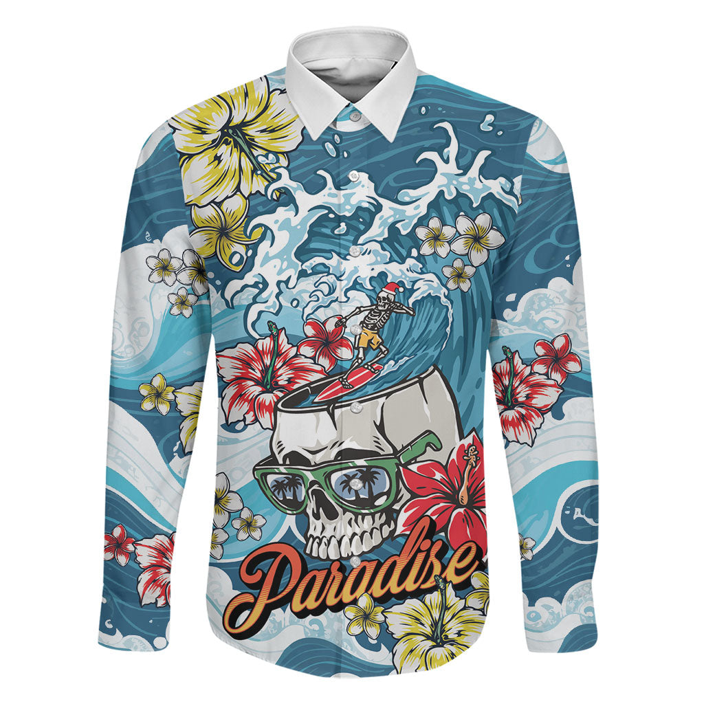 Hawaii Santa Skeleton Surfing Personalized Family Matching Puletasi and Hawaiian Shirt Mele Kalikimaka i Iulai!