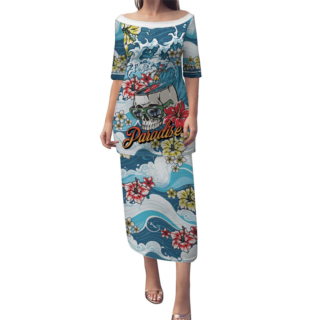 Hawaii Santa Skeleton Surfing Personalized Family Matching Puletasi and Hawaiian Shirt Mele Kalikimaka i Iulai!