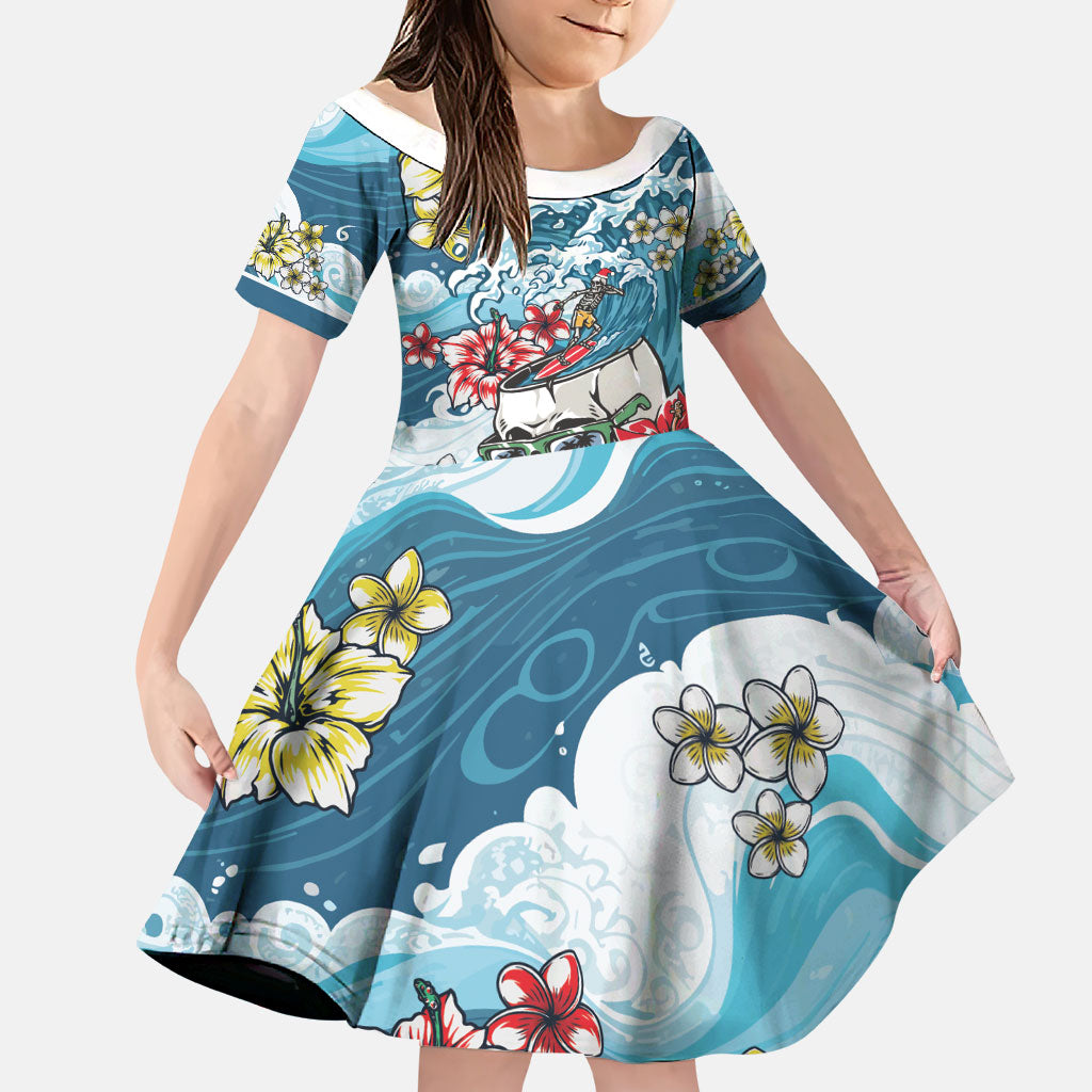 Hawaii Santa Skeleton Surfing Personalized Family Matching Short Sleeve Bodycon Dress and Hawaiian Shirt Mele Kalikimaka i Iulai! LT9 Daughter's Dress Blue - Polynesian Pride