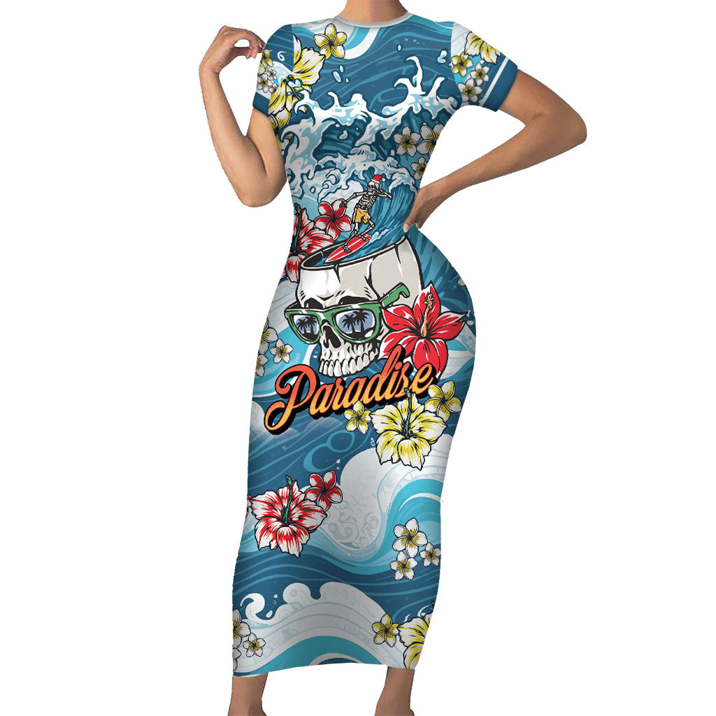 Hawaii Santa Skeleton Surfing Personalized Family Matching Short Sleeve Bodycon Dress and Hawaiian Shirt Mele Kalikimaka i Iulai! LT9 Mom's Dress Blue - Polynesian Pride