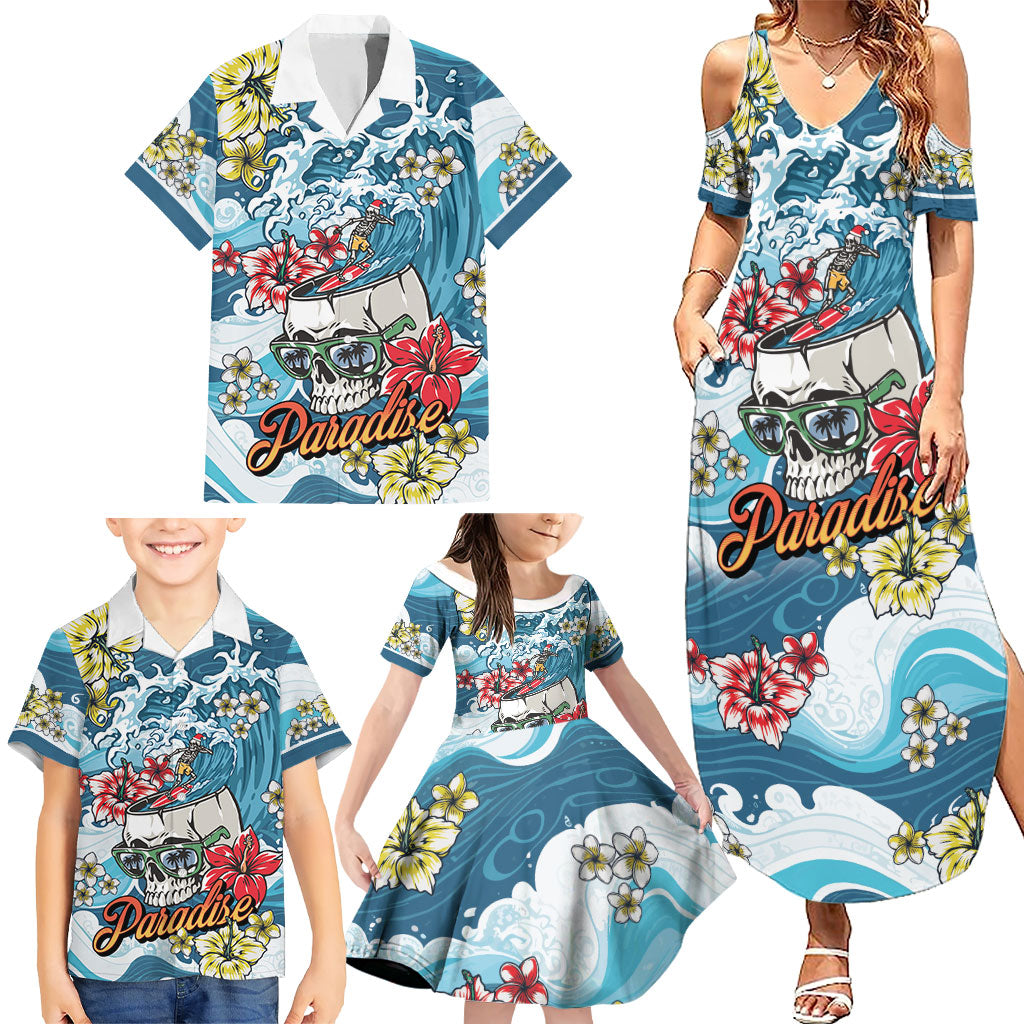 Hawaii Santa Skeleton Surfing Personalized Family Matching Summer Maxi Dress and Hawaiian Shirt Mele Kalikimaka i Iulai!