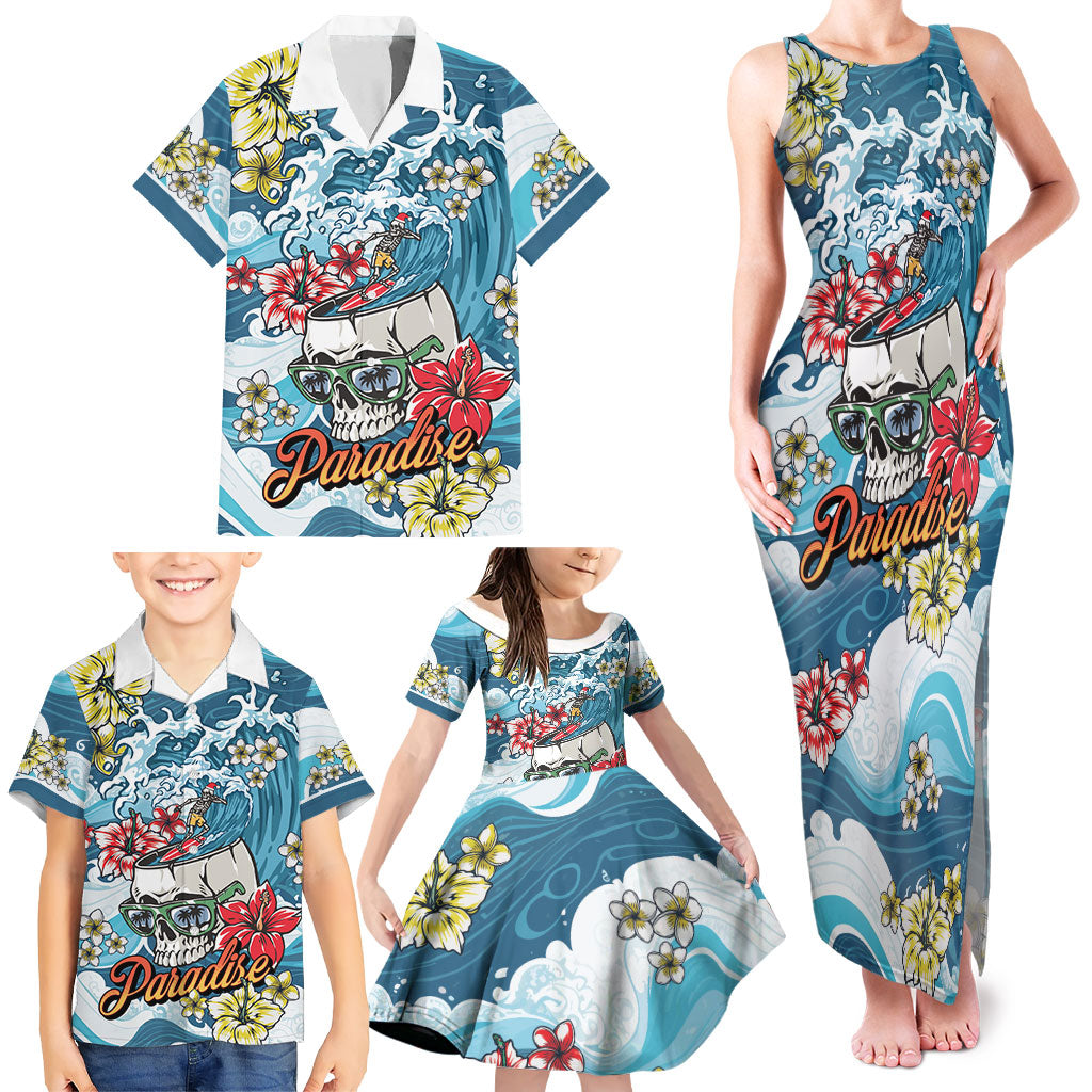 Hawaii Santa Skeleton Surfing Personalized Family Matching Tank Maxi Dress and Hawaiian Shirt Mele Kalikimaka i Iulai!