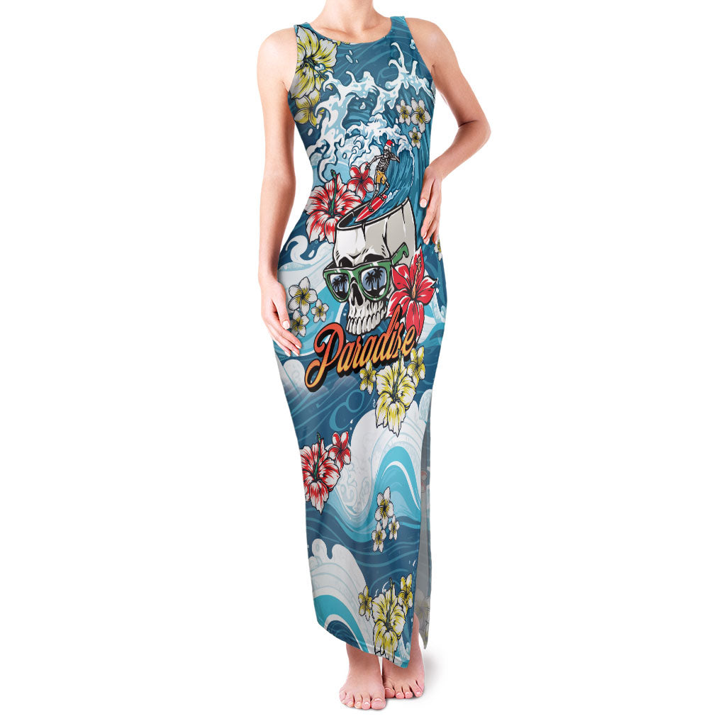 Hawaii Santa Skeleton Surfing Personalized Family Matching Tank Maxi Dress and Hawaiian Shirt Mele Kalikimaka i Iulai! LT9 Mom's Dress Blue - Polynesian Pride