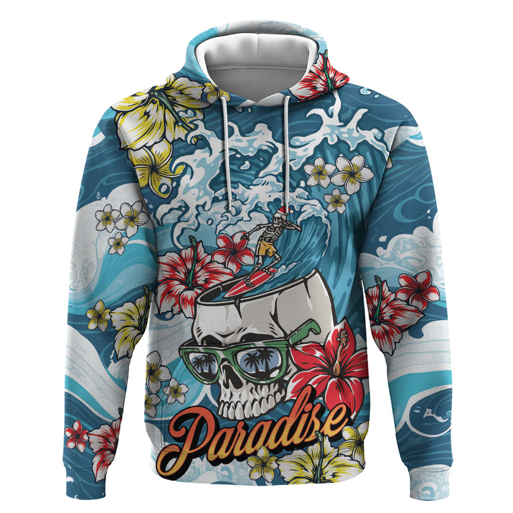 Hawaii Santa Skeleton Surfing Personalized Hoodie Mele Kalikimaka i Iulai!