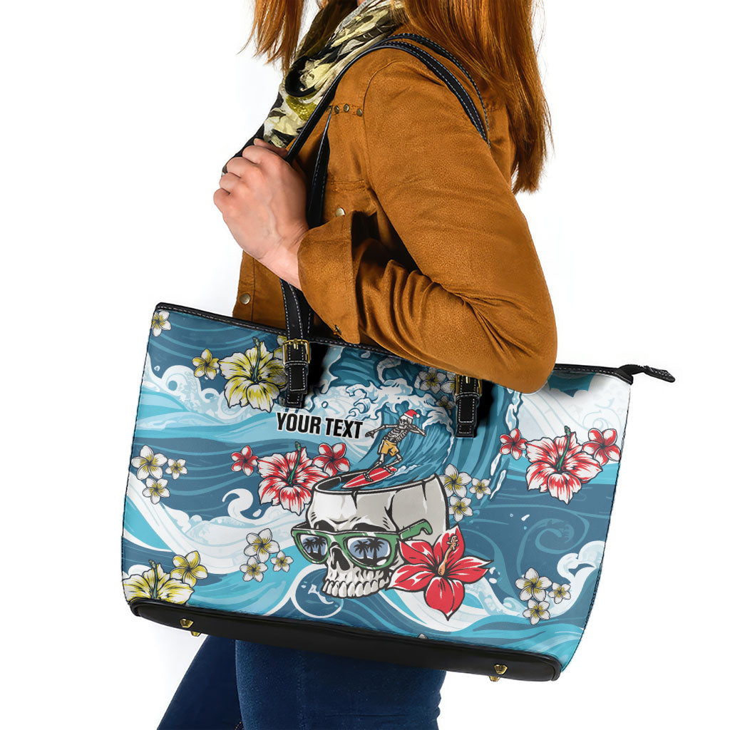 Hawaii Santa Skeleton Surfing Personalized Leather Tote Bag Mele Kalikimaka i Iulai!
