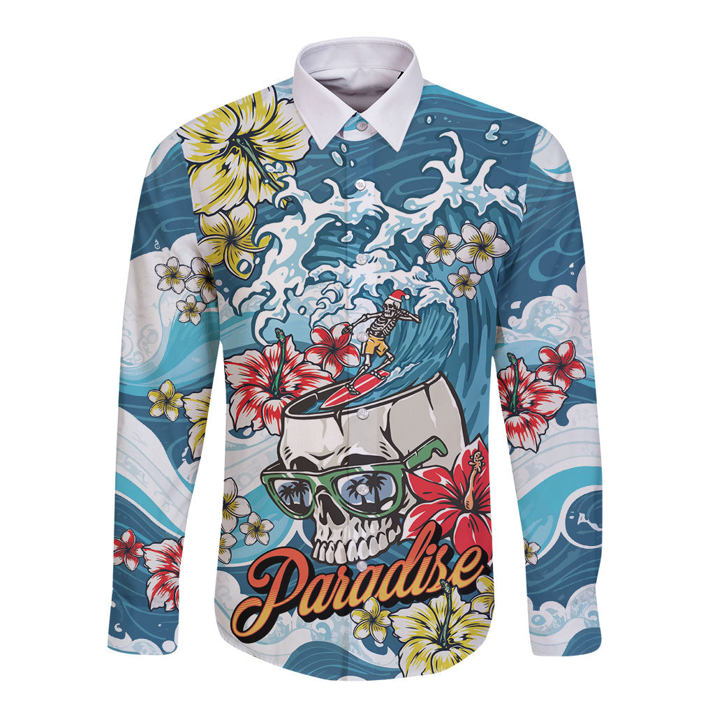Hawaii Santa Skeleton Surfing Personalized Long Sleeve Button Shirt Mele Kalikimaka i Iulai! LT9 Unisex Blue - Polynesian Pride