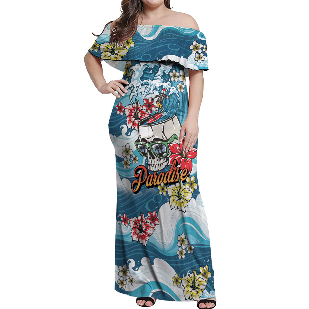 Hawaii Santa Skeleton Surfing Personalized Off Shoulder Maxi Dress Mele Kalikimaka i Iulai! LT9 Women Blue - Polynesian Pride