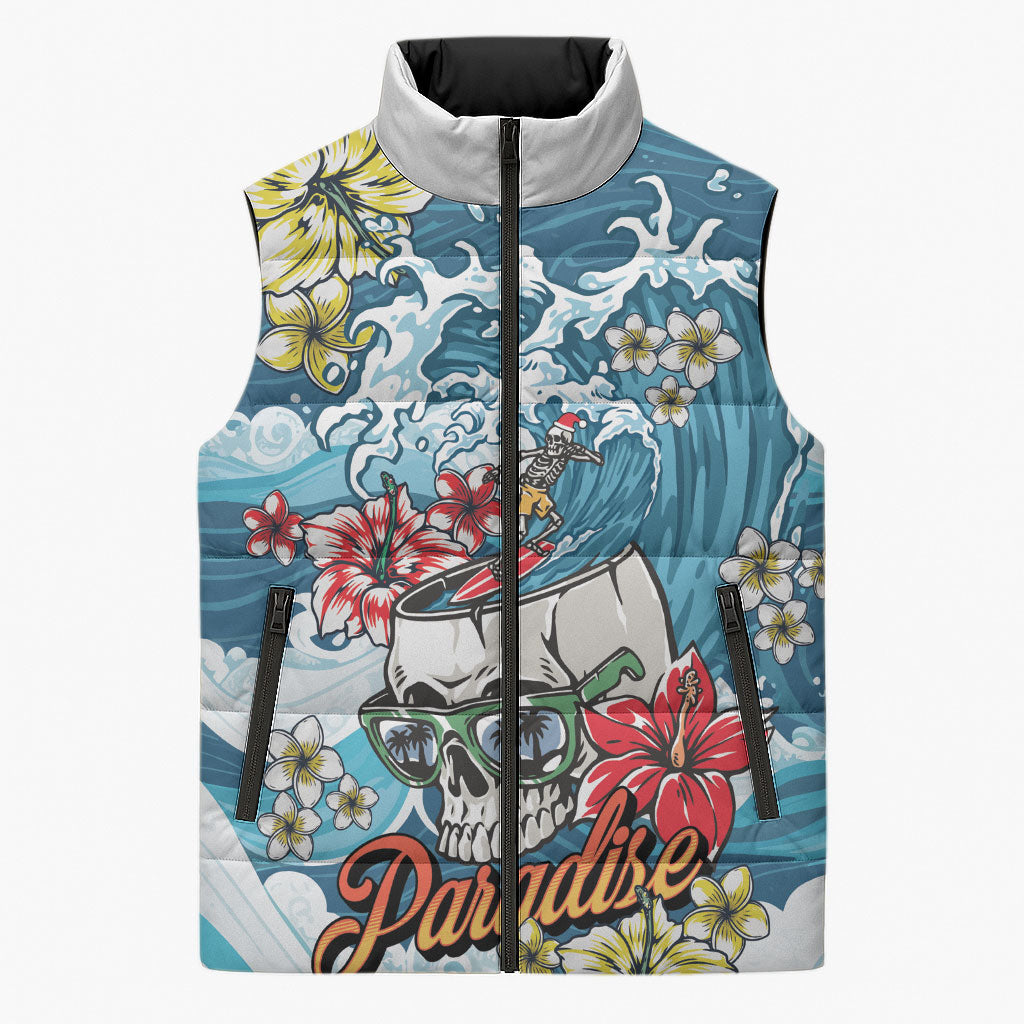 Hawaii Santa Skeleton Surfing Personalized Sleeveless Puffer Jacket Mele Kalikimaka i Iulai!