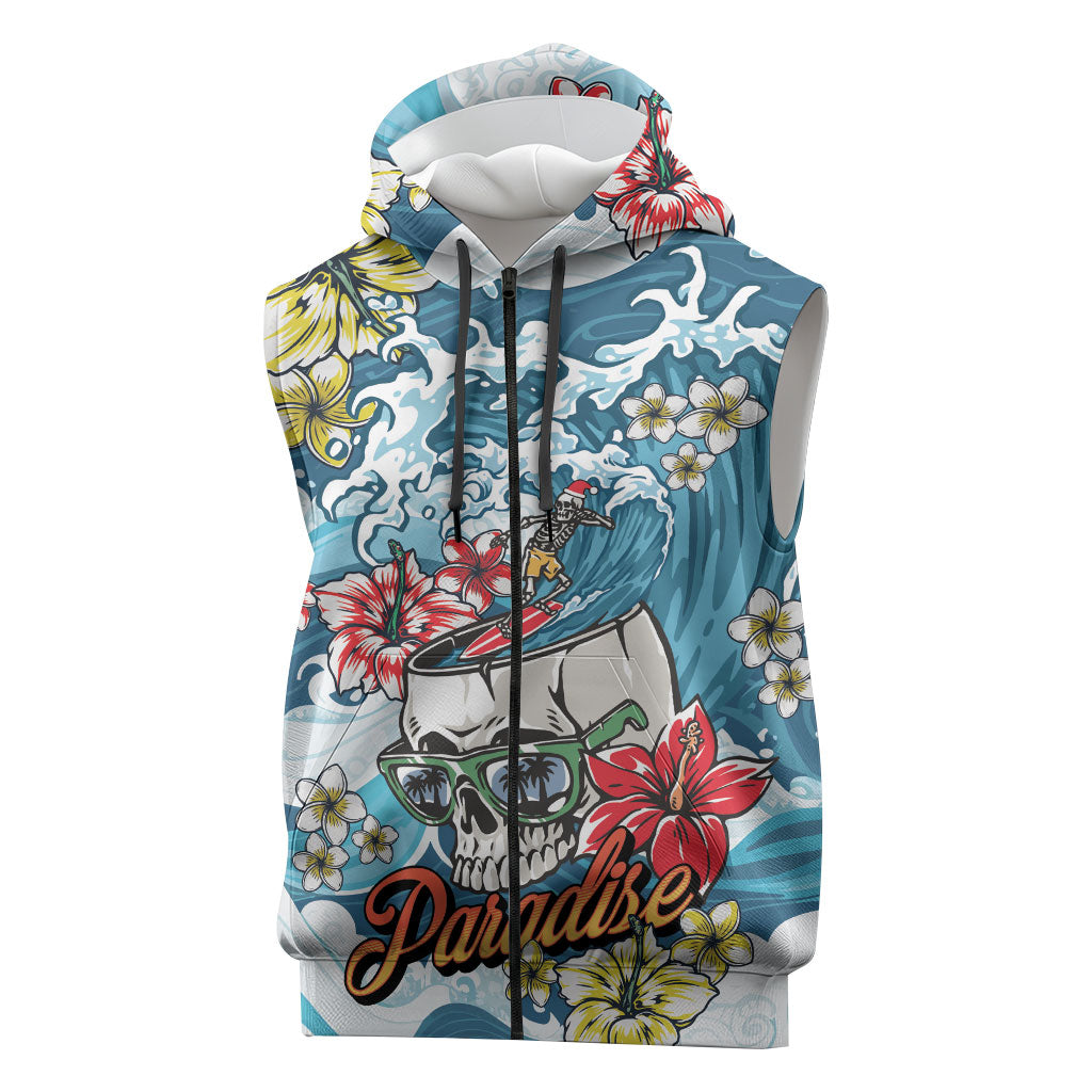 Hawaii Santa Skeleton Surfing Personalized Sleeveless Zip Hoodie Mele Kalikimaka i Iulai!