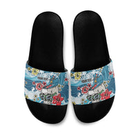 Hawaii Santa Skeleton Surfing Personalized Slide Sandals Mele Kalikimaka i Iulai!