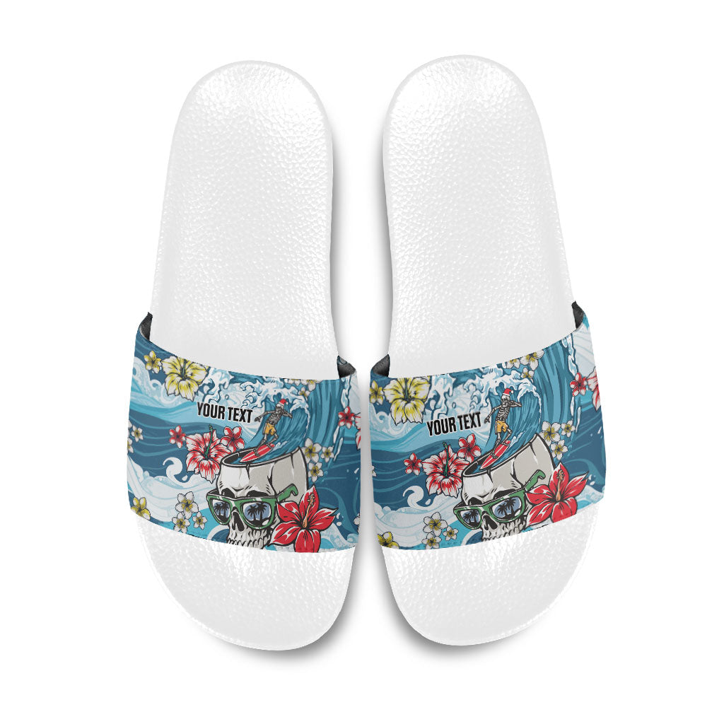 Hawaii Santa Skeleton Surfing Personalized Slide Sandals Mele Kalikimaka i Iulai!