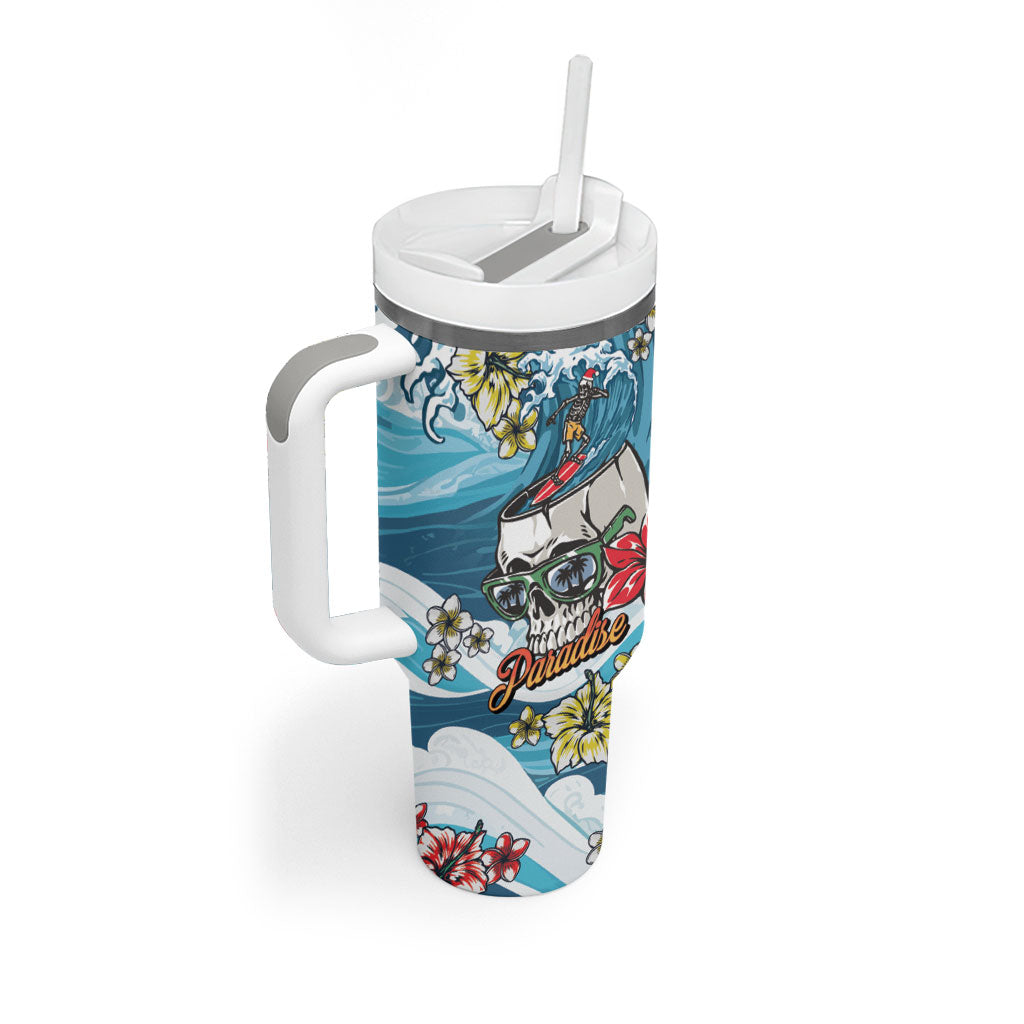 Hawaii Santa Skeleton Surfing Personalized Tumbler With Handle Mele Kalikimaka i Iulai!