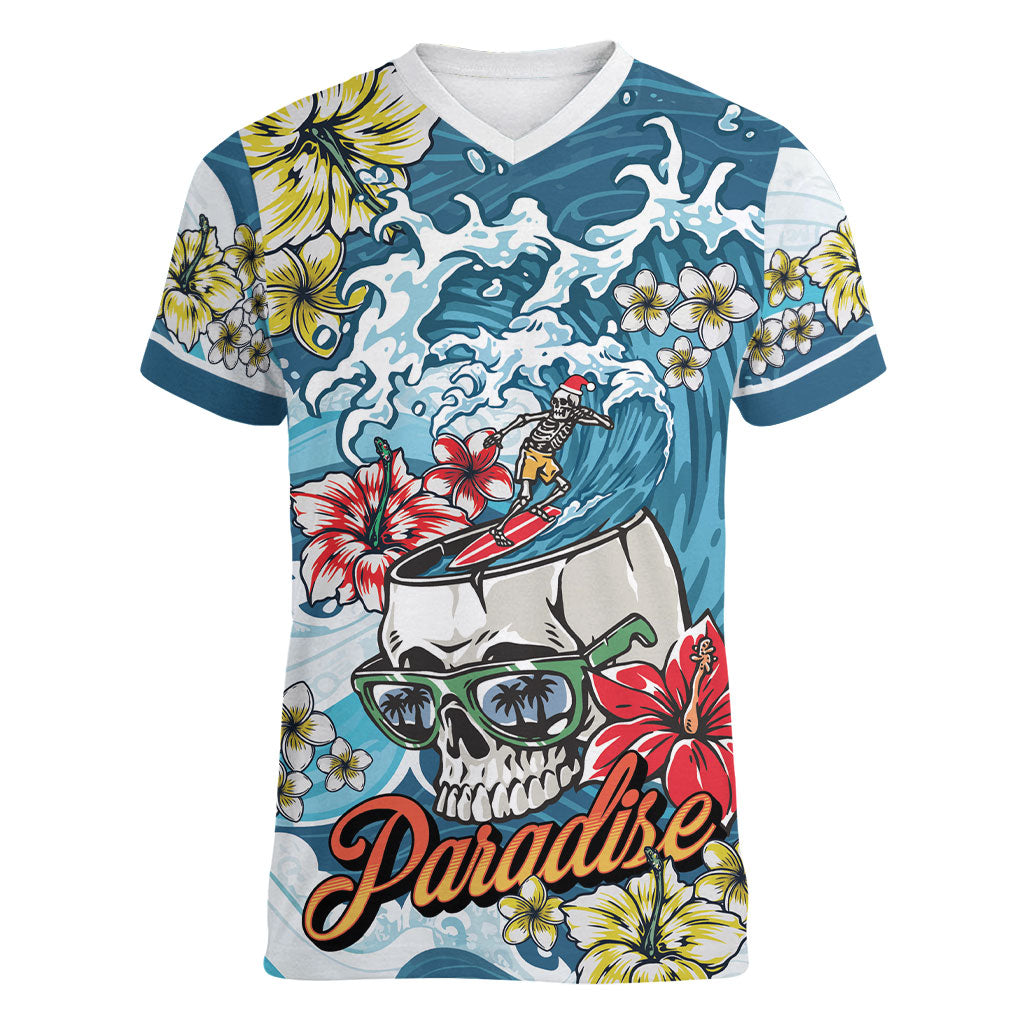 Hawaii Santa Skeleton Surfing Personalized Women V-Neck T-Shirt Mele Kalikimaka i Iulai!
