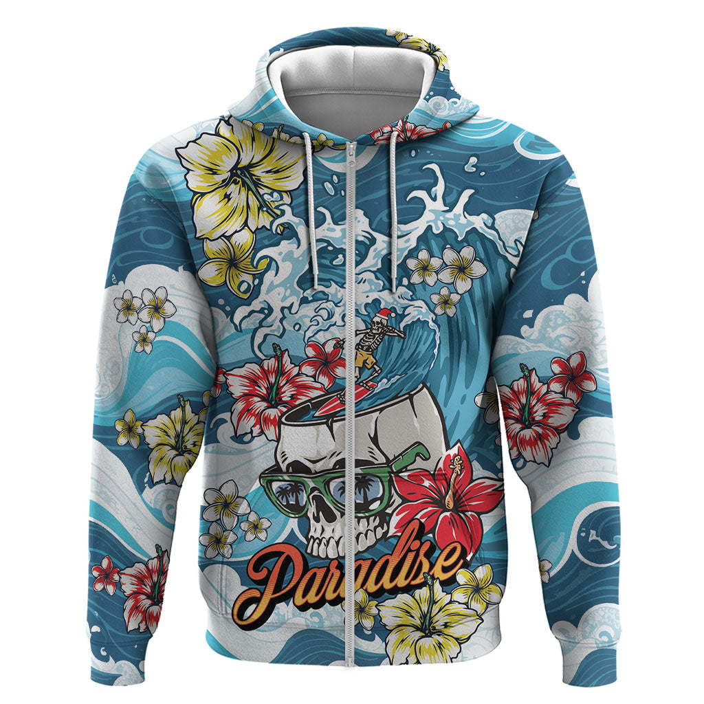 Hawaii Santa Skeleton Surfing Personalized Zip Hoodie Mele Kalikimaka i Iulai!