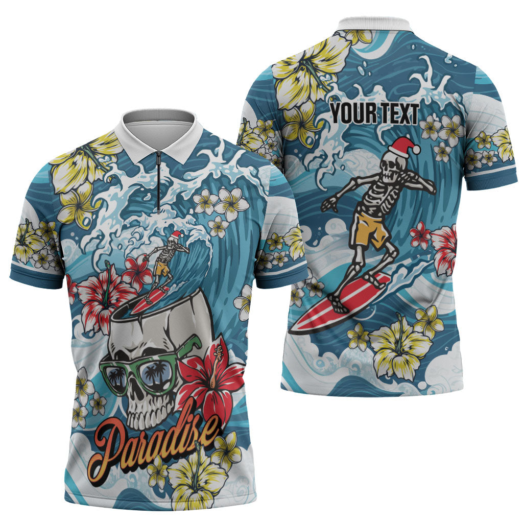 Hawaii Santa Skeleton Surfing Personalized Zipper Polo Shirt Mele Kalikimaka i Iulai!