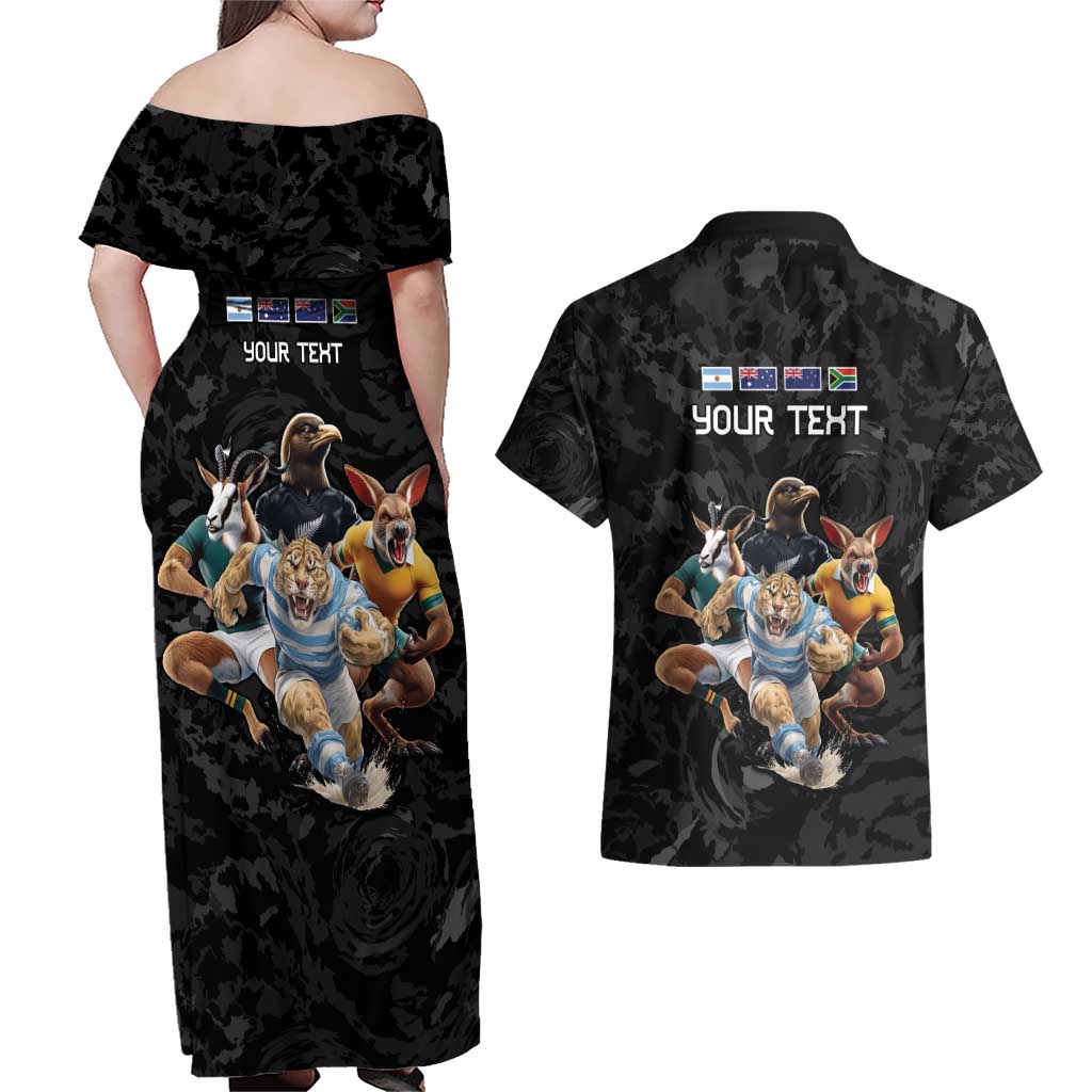 Custom Rugby Southern Hemisphere Couples Matching Off Shoulder Maxi Dress and Hawaiian Shirt Argentina AUNZ South Africa Mascot Black LT9 - Polynesian Pride