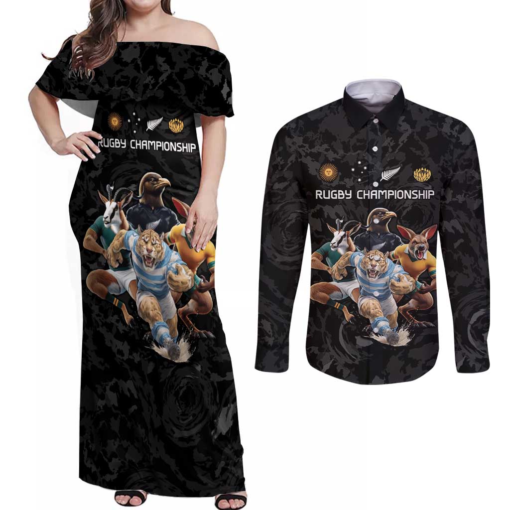 Custom Rugby Southern Hemisphere Couples Matching Off Shoulder Maxi Dress and Long Sleeve Button Shirt Argentina AUNZ South Africa Mascot Black LT9 Black - Polynesian Pride