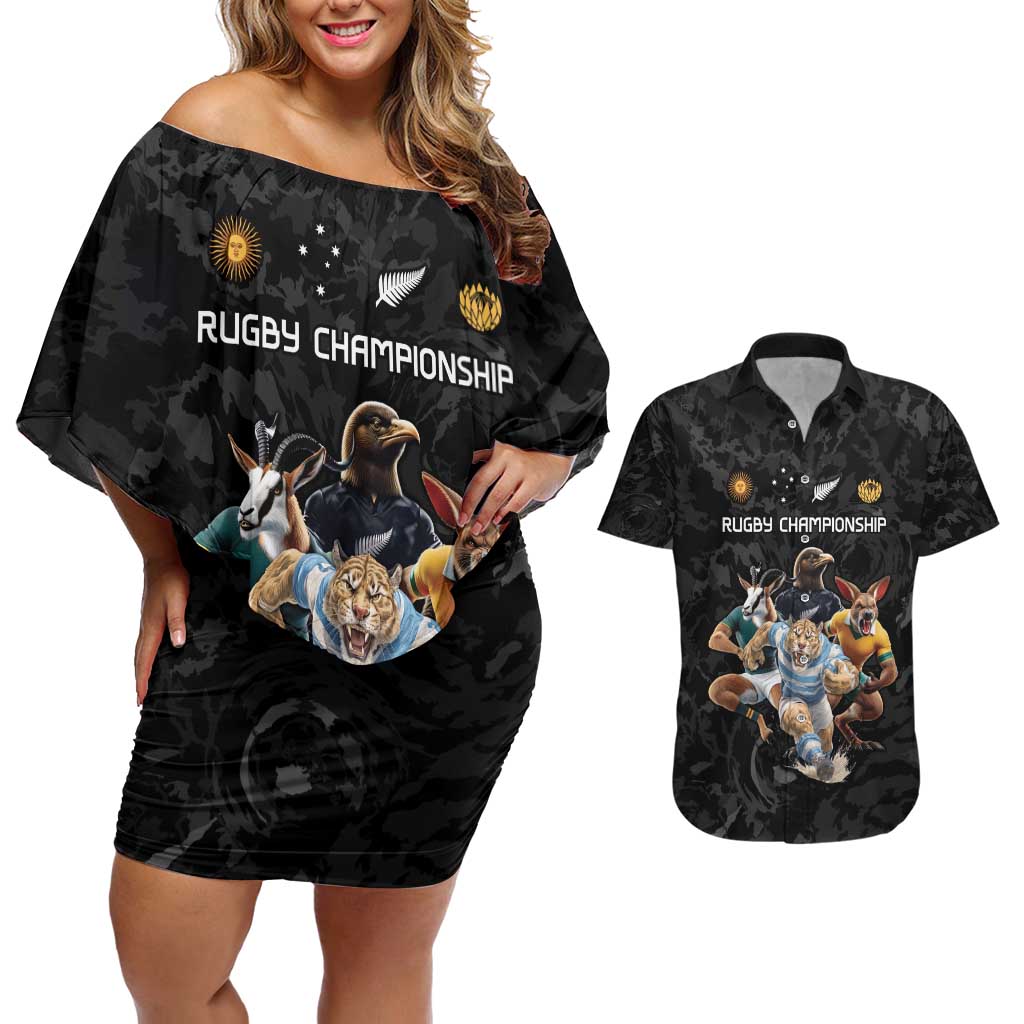 Custom Rugby Southern Hemisphere Couples Matching Off Shoulder Short Dress and Hawaiian Shirt Argentina AUNZ South Africa Mascot Black LT9 Black - Polynesian Pride