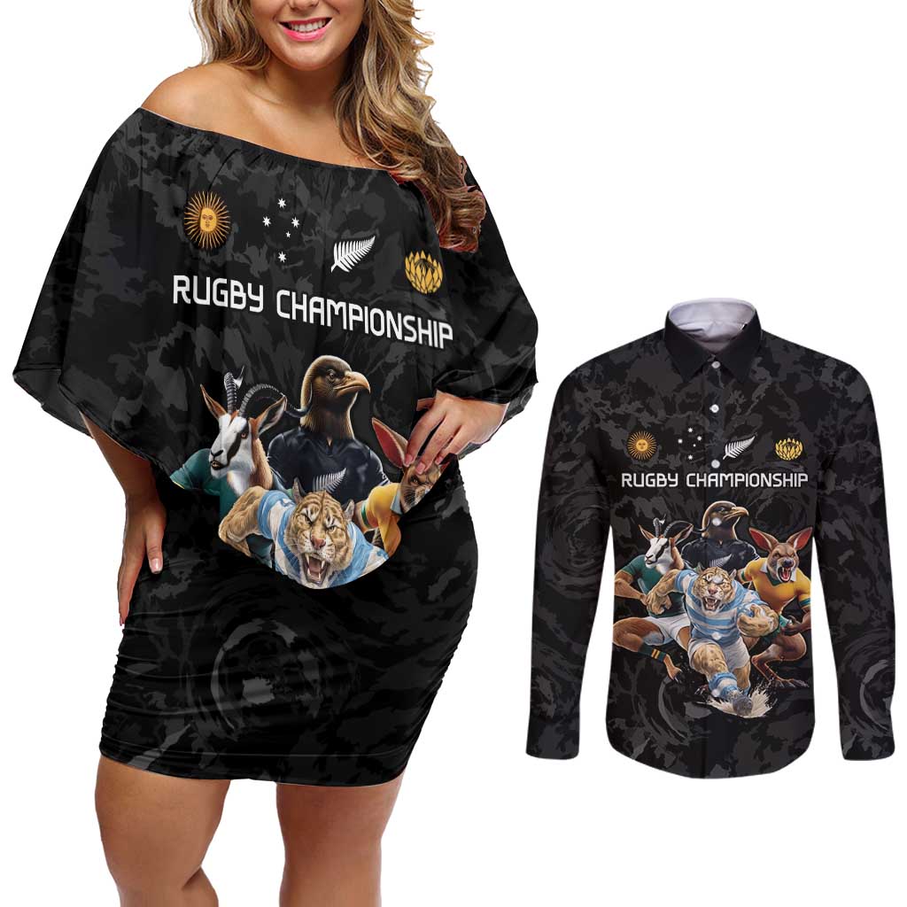 Custom Rugby Southern Hemisphere Couples Matching Off Shoulder Short Dress and Long Sleeve Button Shirt Argentina AUNZ South Africa Mascot Black LT9 Black - Polynesian Pride