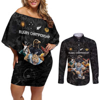 Custom Rugby Southern Hemisphere Couples Matching Off Shoulder Short Dress and Long Sleeve Button Shirt Argentina AUNZ South Africa Mascot Black LT9 Black - Polynesian Pride