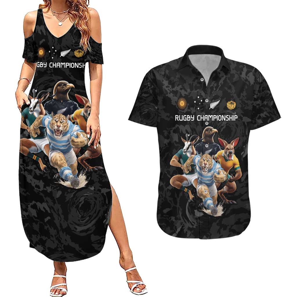 Custom Rugby Southern Hemisphere Couples Matching Summer Maxi Dress and Hawaiian Shirt Argentina AUNZ South Africa Mascot Black - Polynesian Pride
