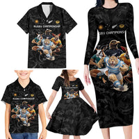 Custom Rugby Southern Hemisphere Family Matching Long Sleeve Bodycon Dress and Hawaiian Shirt Argentina AUNZ South Africa Mascot Black LT9 - Polynesian Pride