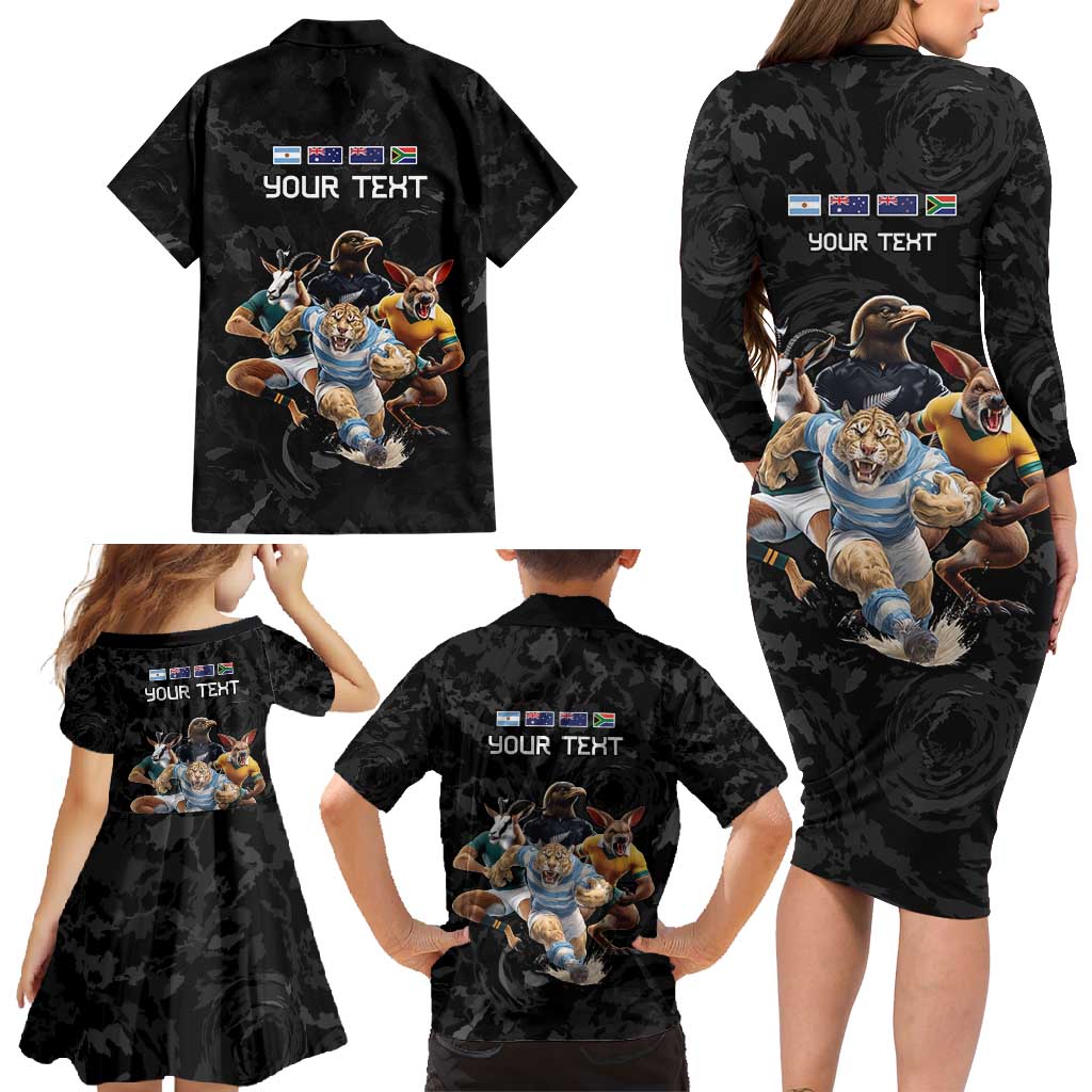 Custom Rugby Southern Hemisphere Family Matching Long Sleeve Bodycon Dress and Hawaiian Shirt Argentina AUNZ South Africa Mascot Black LT9 - Polynesian Pride