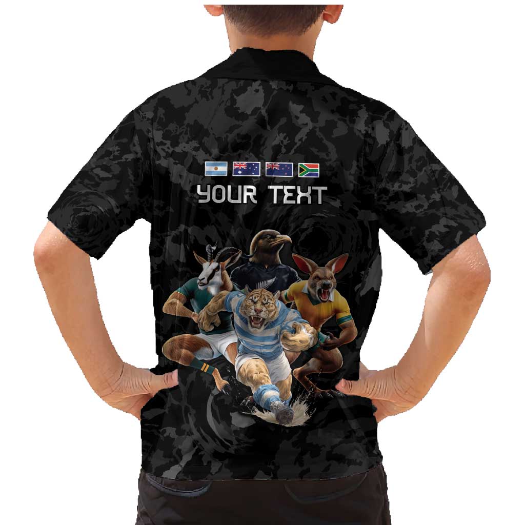 Custom Rugby Southern Hemisphere Family Matching Mermaid Dress and Hawaiian Shirt Argentina AUNZ South Africa Mascot Black LT9 - Polynesian Pride