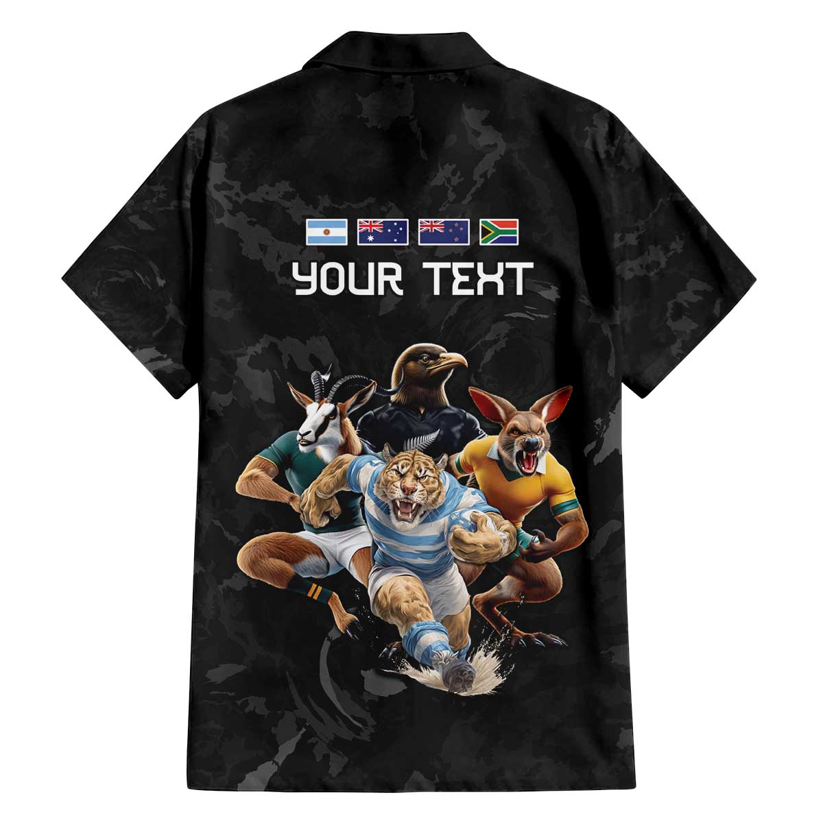 Custom Rugby Southern Hemisphere Family Matching Off The Shoulder Long Sleeve Dress and Hawaiian Shirt Argentina AUNZ South Africa Mascot Black - Polynesian Pride