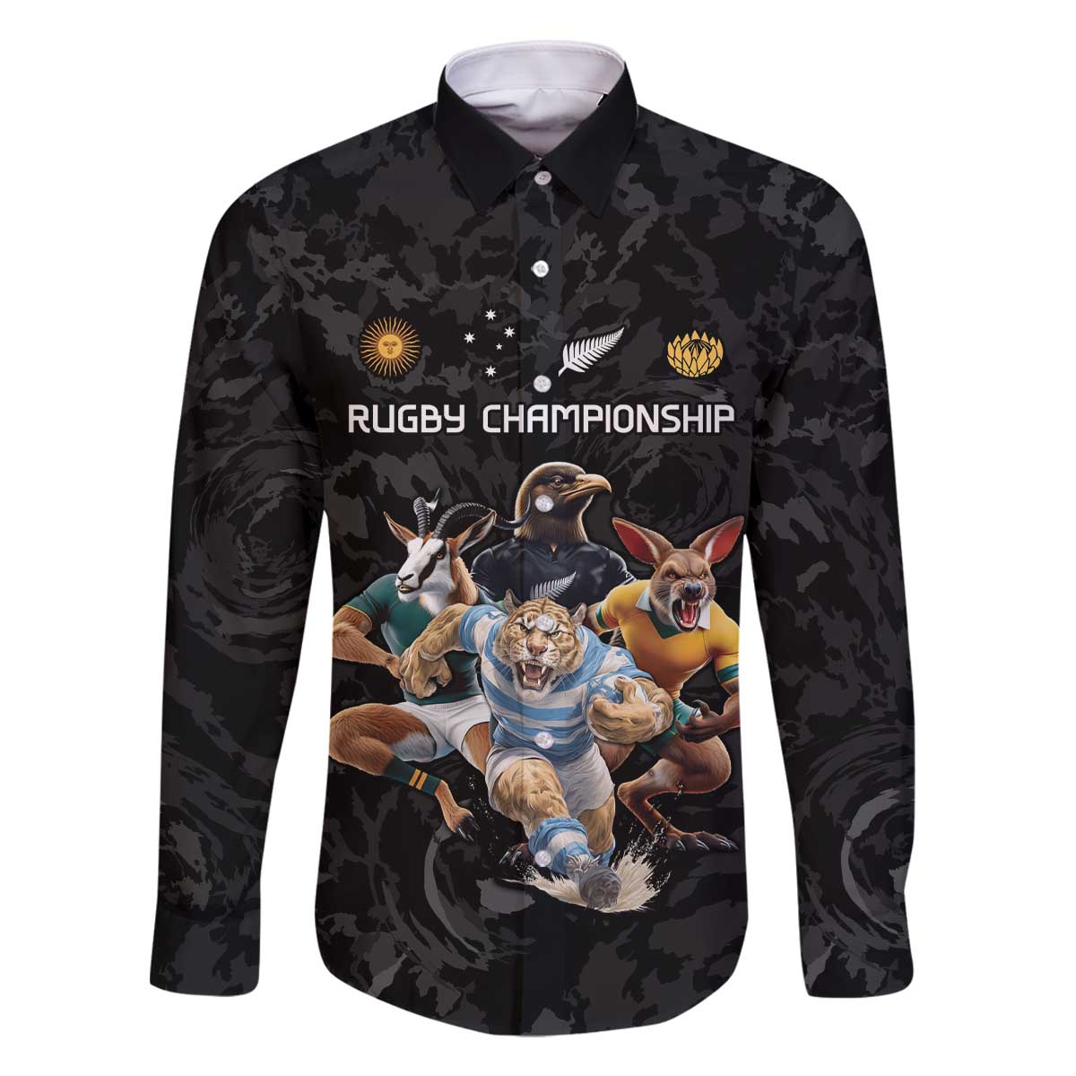 Custom Rugby Southern Hemisphere Family Matching Off The Shoulder Long Sleeve Dress and Hawaiian Shirt Argentina AUNZ South Africa Mascot Black - Polynesian Pride