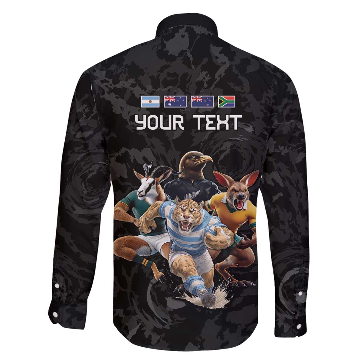 Custom Rugby Southern Hemisphere Family Matching Off The Shoulder Long Sleeve Dress and Hawaiian Shirt Argentina AUNZ South Africa Mascot Black - Polynesian Pride