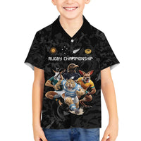 Custom Rugby Southern Hemisphere Family Matching Off The Shoulder Long Sleeve Dress and Hawaiian Shirt Argentina AUNZ South Africa Mascot Black - Polynesian Pride