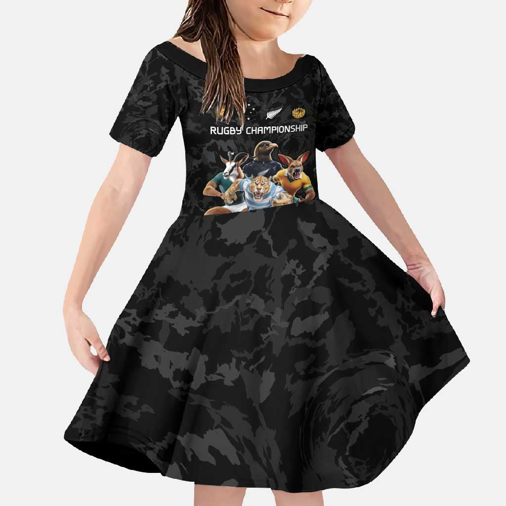 Custom Rugby Southern Hemisphere Family Matching Off Shoulder Maxi Dress and Hawaiian Shirt Argentina AUNZ South Africa Mascot Black LT9 Daughter's Dress Black - Polynesian Pride