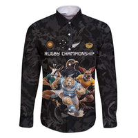 Custom Rugby Southern Hemisphere Family Matching Off Shoulder Maxi Dress and Hawaiian Shirt Argentina AUNZ South Africa Mascot Black LT9 Dad's Shirt - Long Sleeve Black - Polynesian Pride