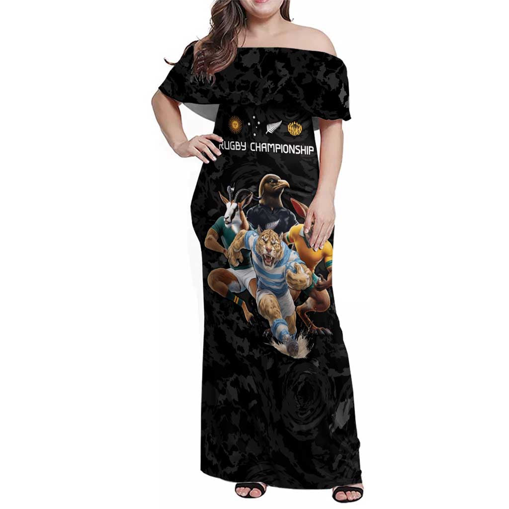 Custom Rugby Southern Hemisphere Family Matching Off Shoulder Maxi Dress and Hawaiian Shirt Argentina AUNZ South Africa Mascot Black LT9 Mom's Dress Black - Polynesian Pride