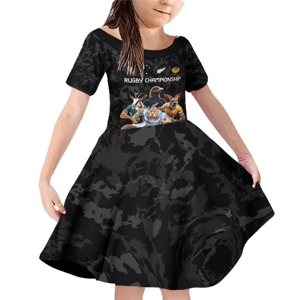 Custom Rugby Southern Hemisphere Family Matching Off Shoulder Short Dress and Hawaiian Shirt Argentina AUNZ South Africa Mascot Black LT9 Daughter's Dress Black - Polynesian Pride